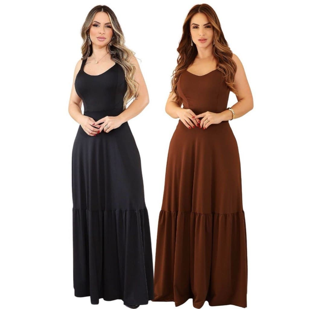 KIT 2 Vestido Longo Feminino Malha Leve Alça Confortável Liso Básico Soltinho Feminino