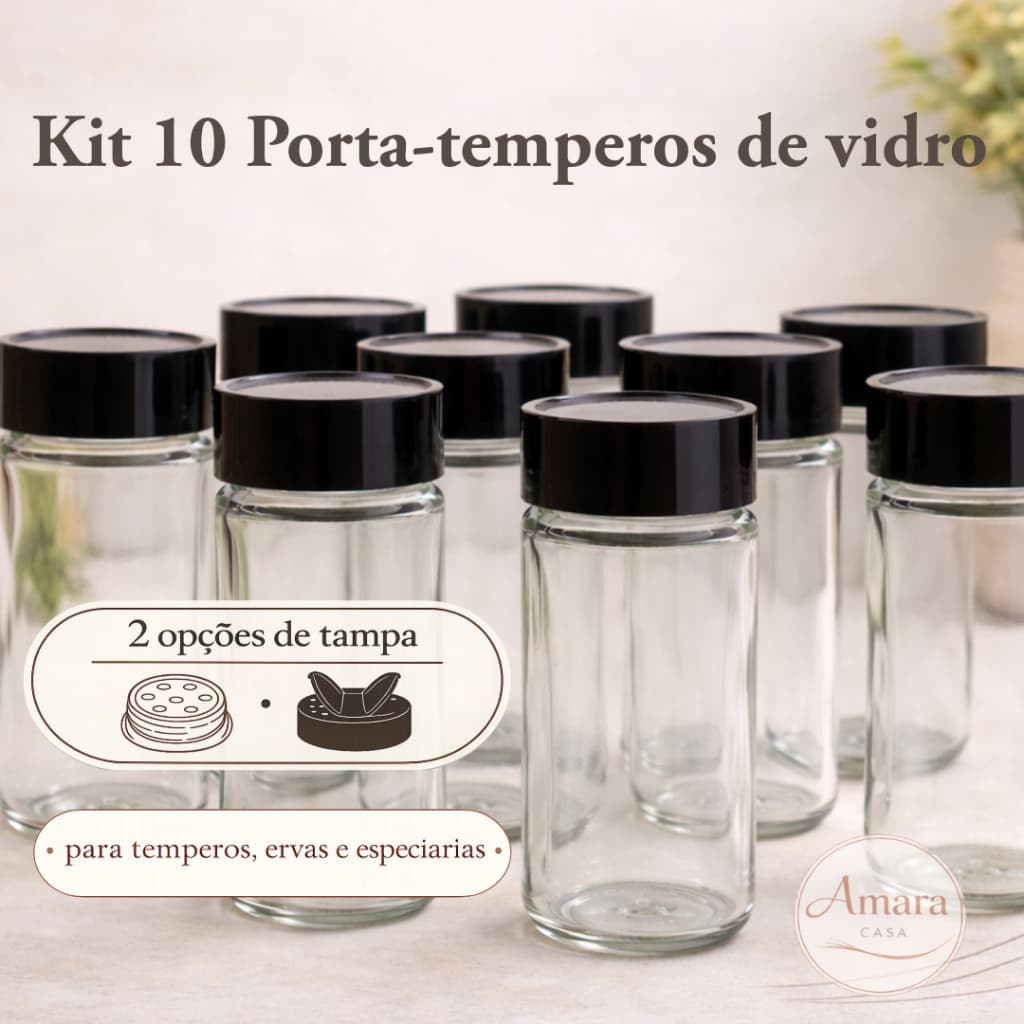 Kit 10 Porta Temperos de Vidro com Tampa | Potes para Temperos, Especiarias e Condimentos