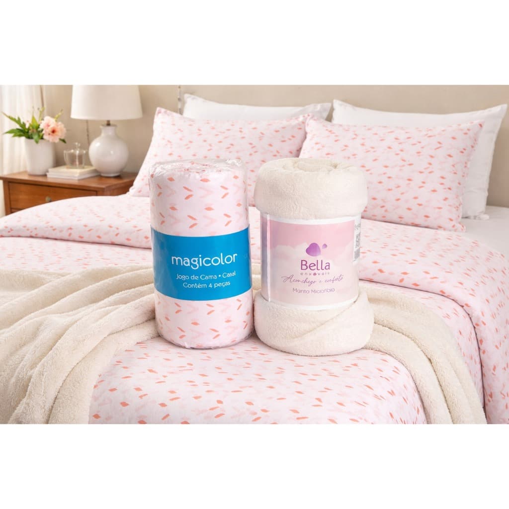 Jogo de cama Casal Lira Santista + Manta casal Creme