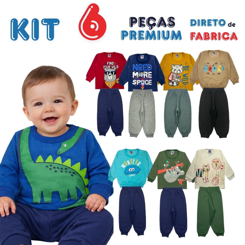 Kit  6 Peças Bebê Menino Inverno Moletom Felpado 3 Conjuntos Roupa Bebê P M G 1 a 9 Meses
