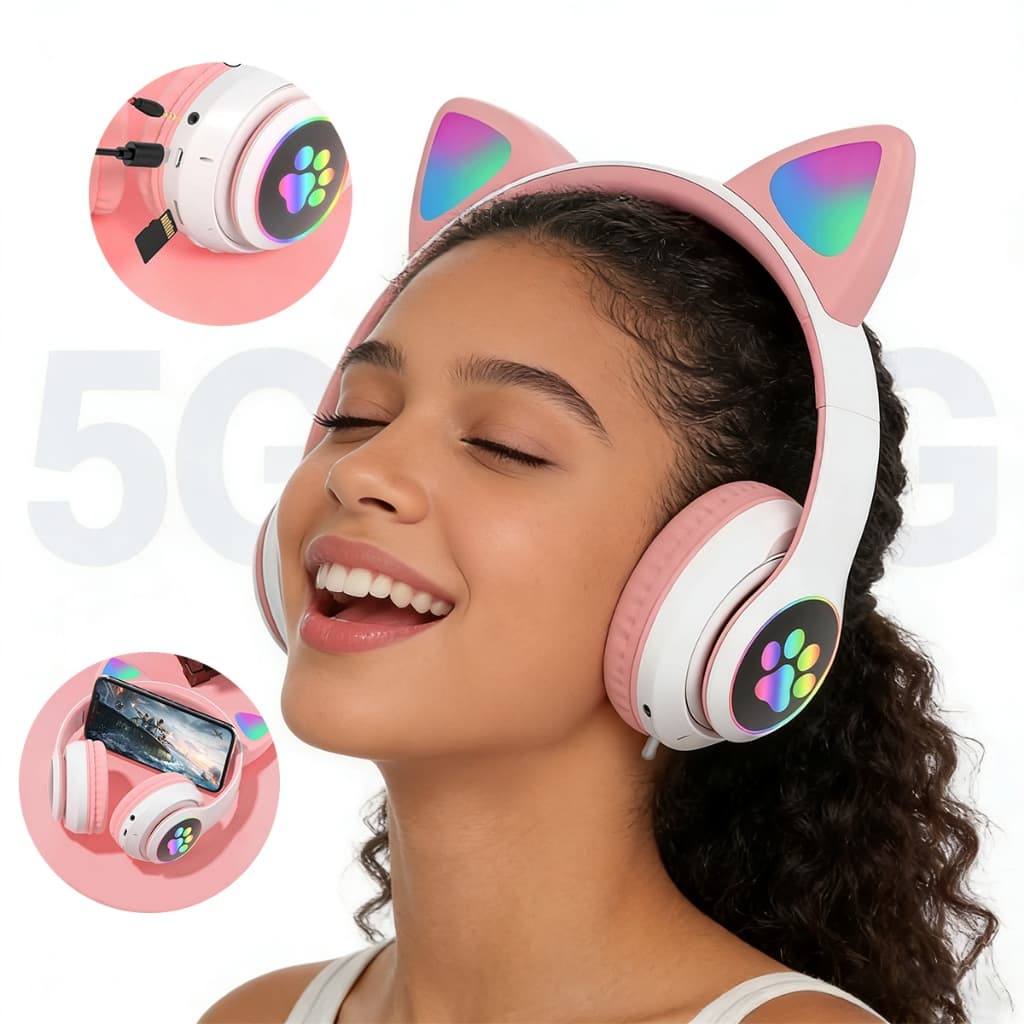 Fone De Ouvido Bluetooth Orelha Gatinho Led Sem Fio  Over-Ear e Com Baixa Latência-X4