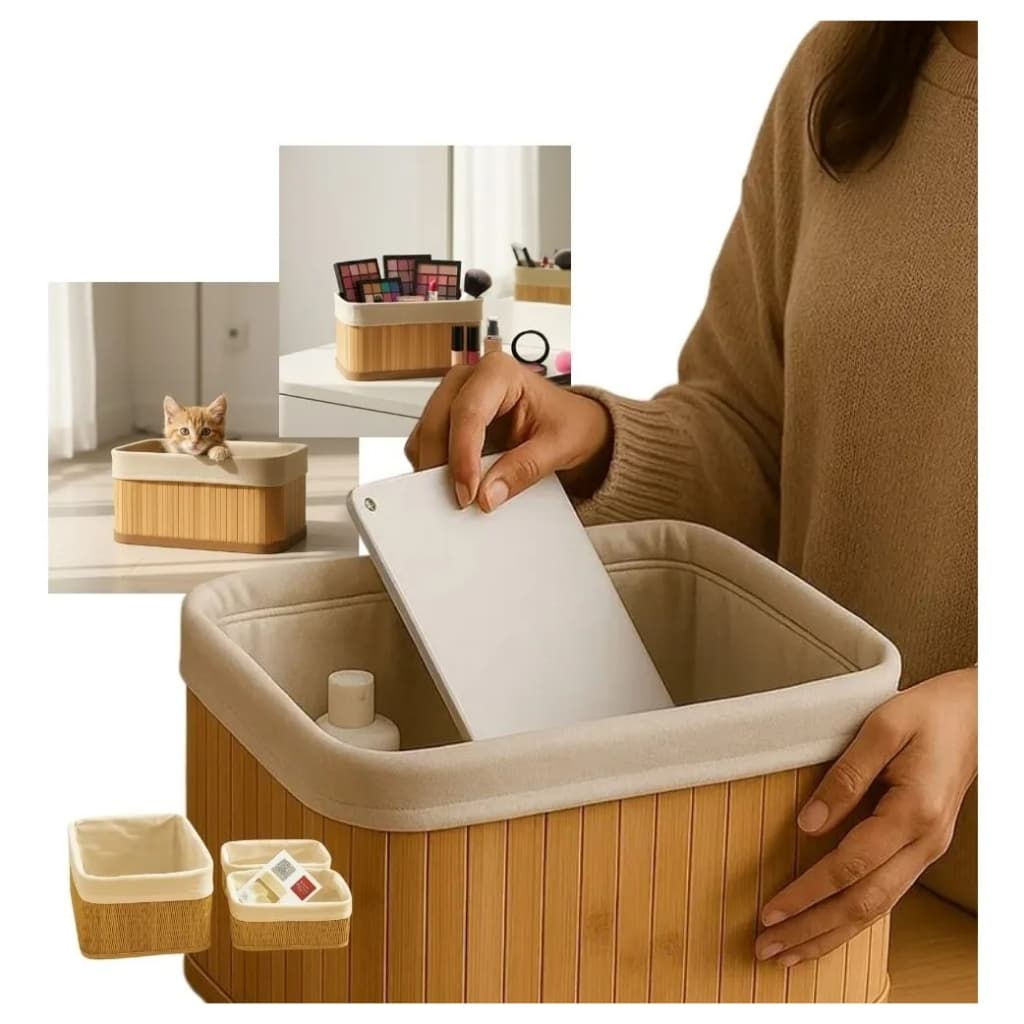 Kit Três Cestos Organizadores Bambu Natural Decoracao Sustentavel Casa Cozinha Banheiro