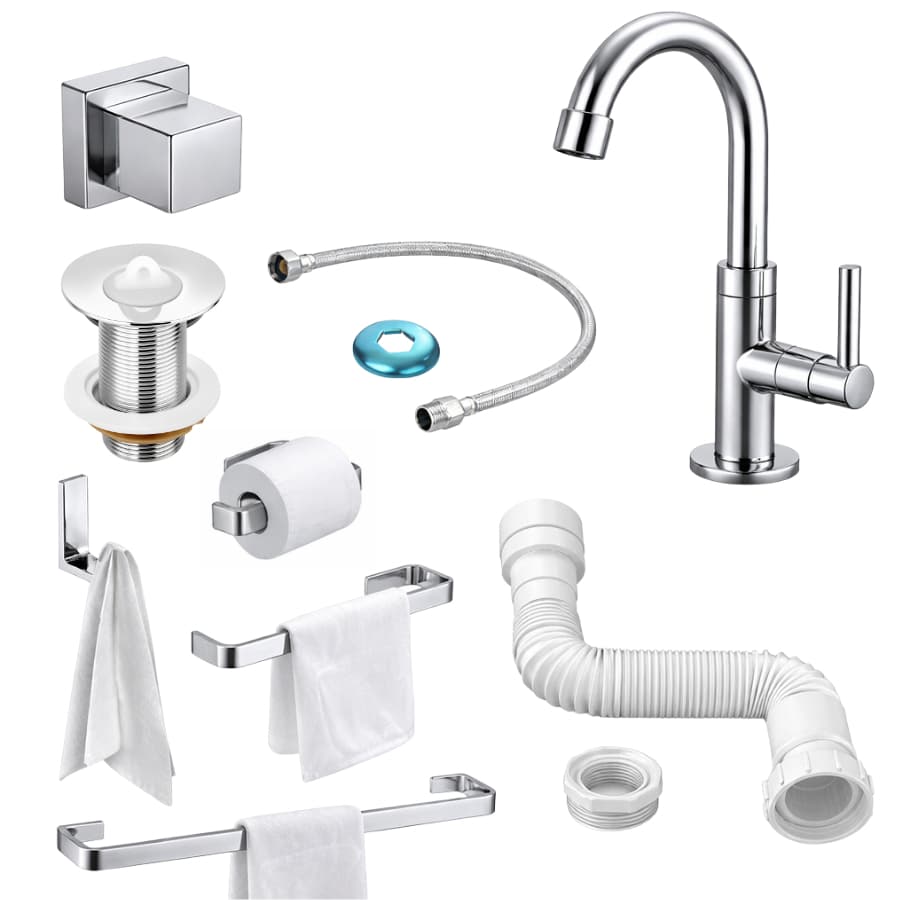 Kit Acessórios Banheiro Cromado Completo com Torneira Luxo Moderna + Sifão + Válvula + Engate Flexível