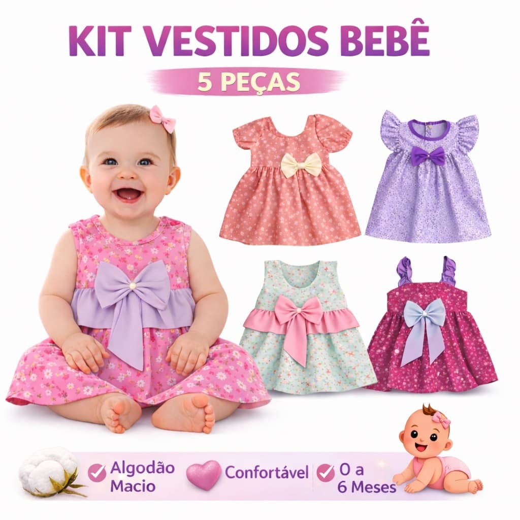 Kit 5 Vestidos Bebê Menina Algodão Antialérgico Roupa Bebê RN 0 a 6 Meses Enxoval