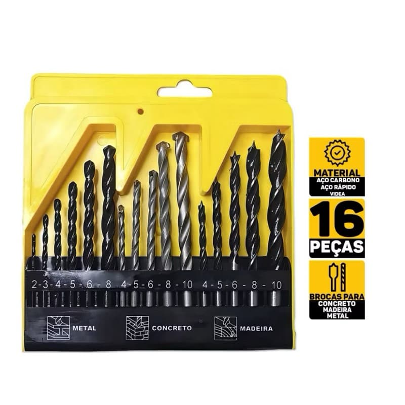 Kit Brocas 16 Peças Com Estojo Para Madeira Ferro Concreto Metal Vidro Aço Uso Em Furadeira E Parafusadeira