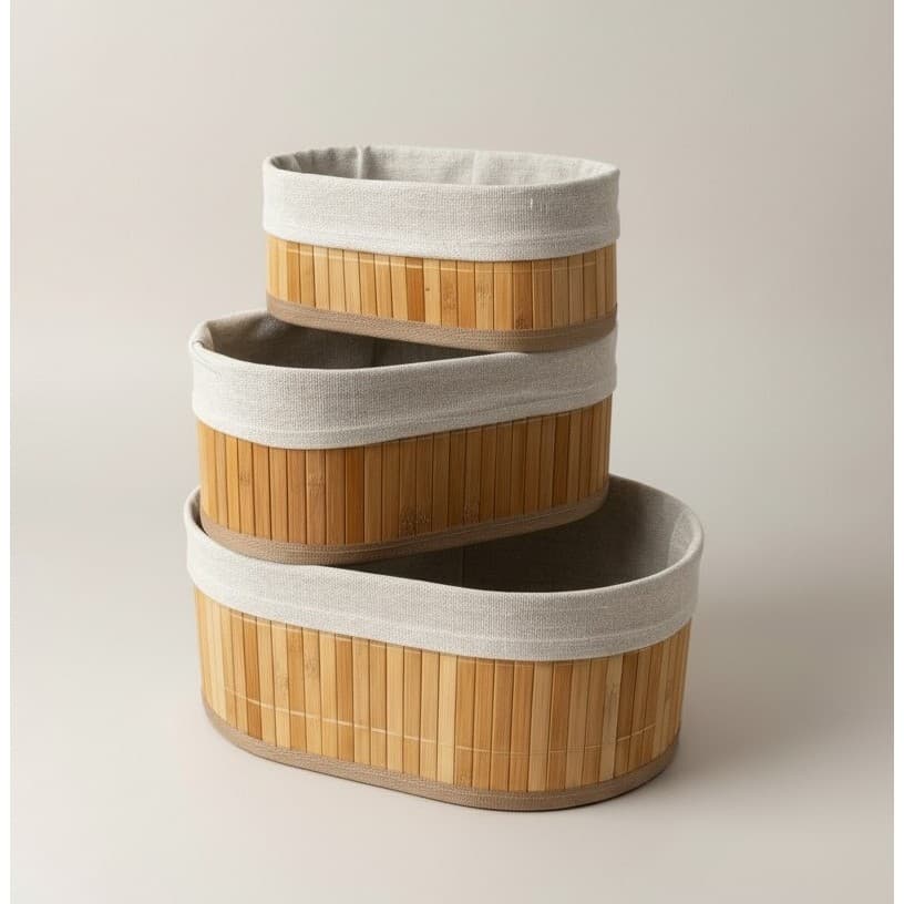 Kit 3 Cestos Organizadores Bambu Para Quarto Cozinha Sala Banheiro Com Forro Lavável