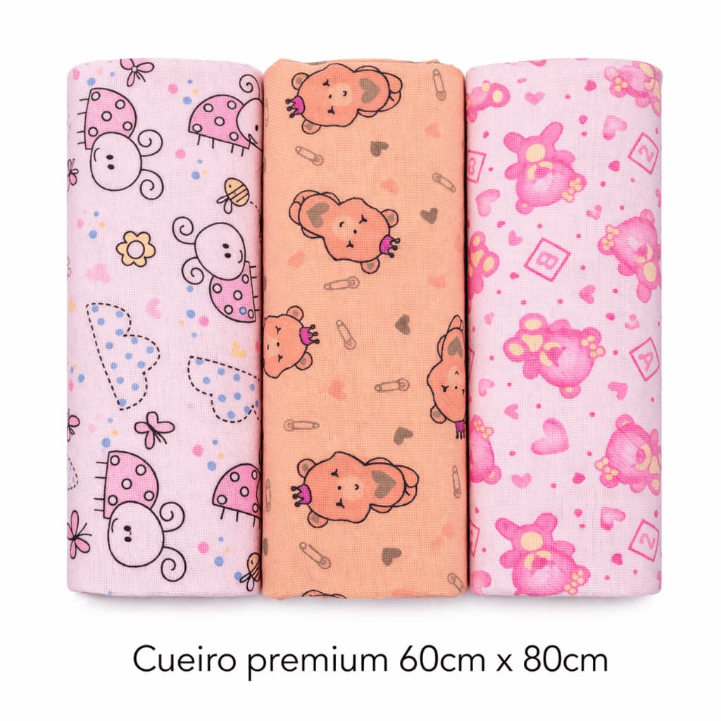 Cueiro Bebê Flanelado 60x80cm Kit 3 Unidades 100% Algodão Manta Swaddle Enxoval Recém-Nascido