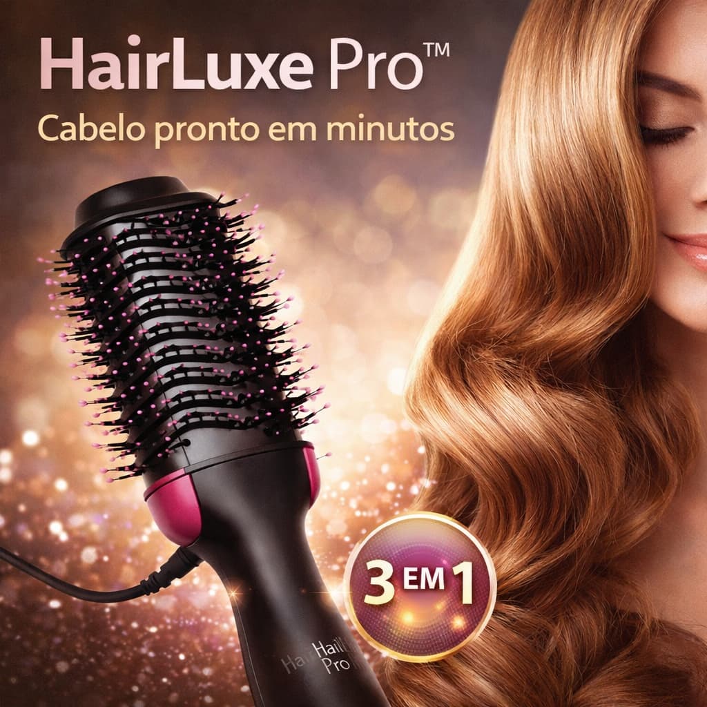 Escova Secadora 3 em 1 HairLuxe Pro™ Alisadora Profissional Anti Frizz Seca e Modela Cabelo Rápido