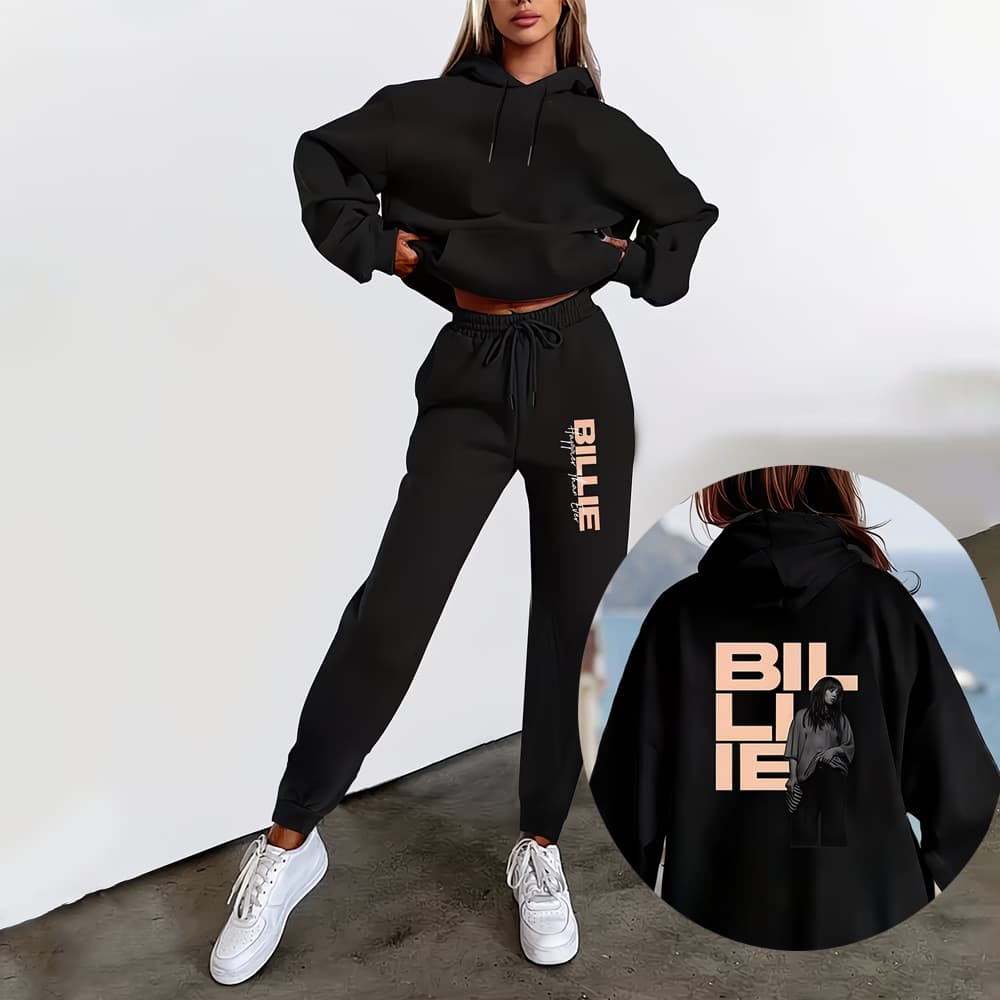 Kit Conjunto Moletom Canguru e Calça Moletom Estampa Billie Eilish Hit Me Hard and Soft The Tour