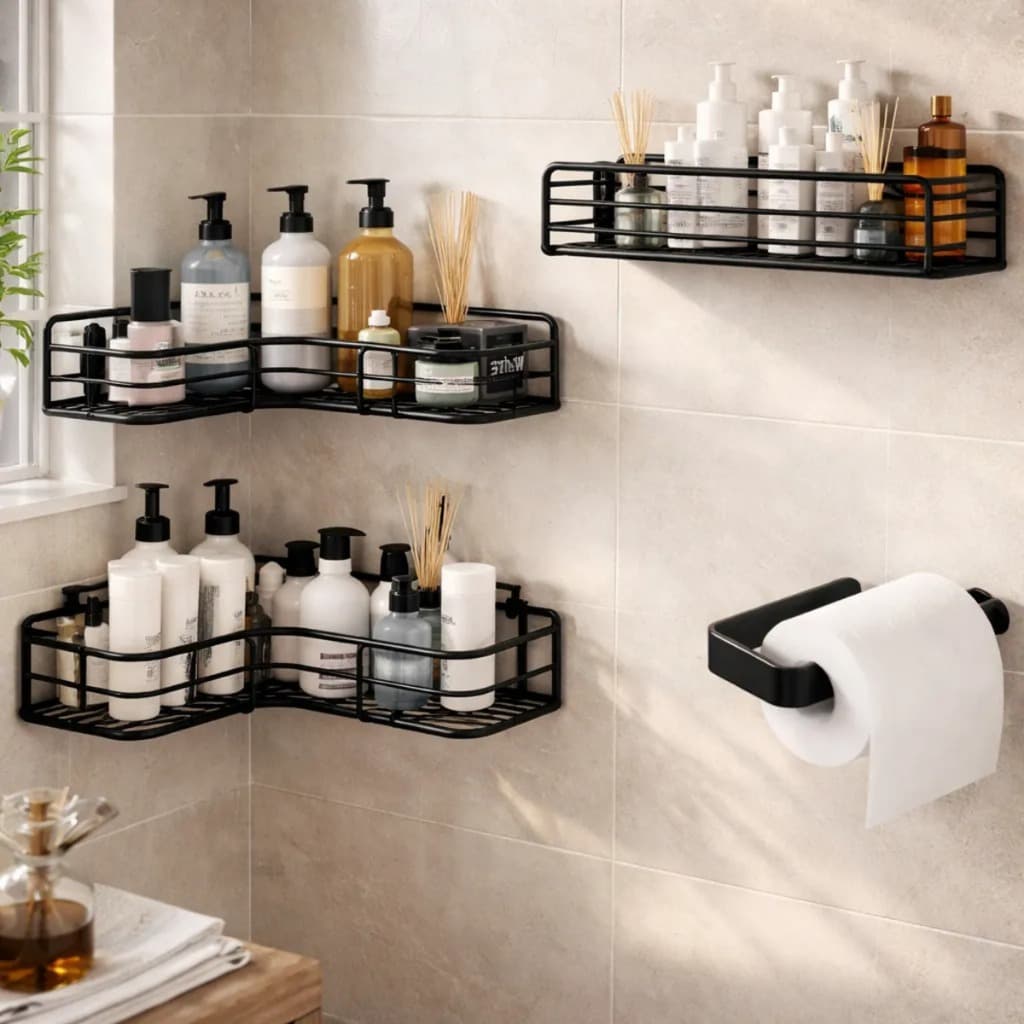 4 Prateleiras Porta Shampoo Suporte Com Adesivos Sem Furos Para Parede Banheiro Cozinha Lavanderia