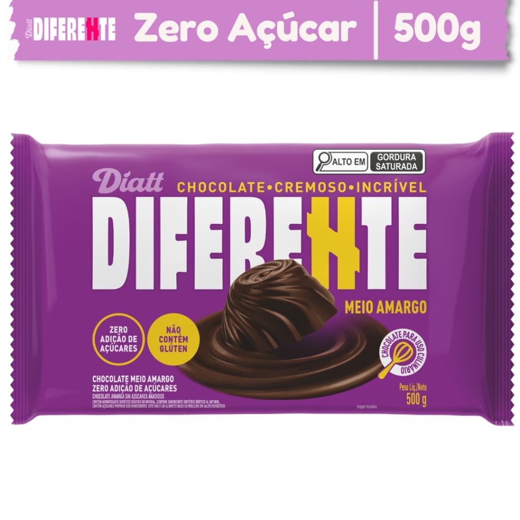 Barra Chocolate Meio Amargo Zero Açúcar Diferente Diatt 500g 53% Cacau Confeitaria Saudável