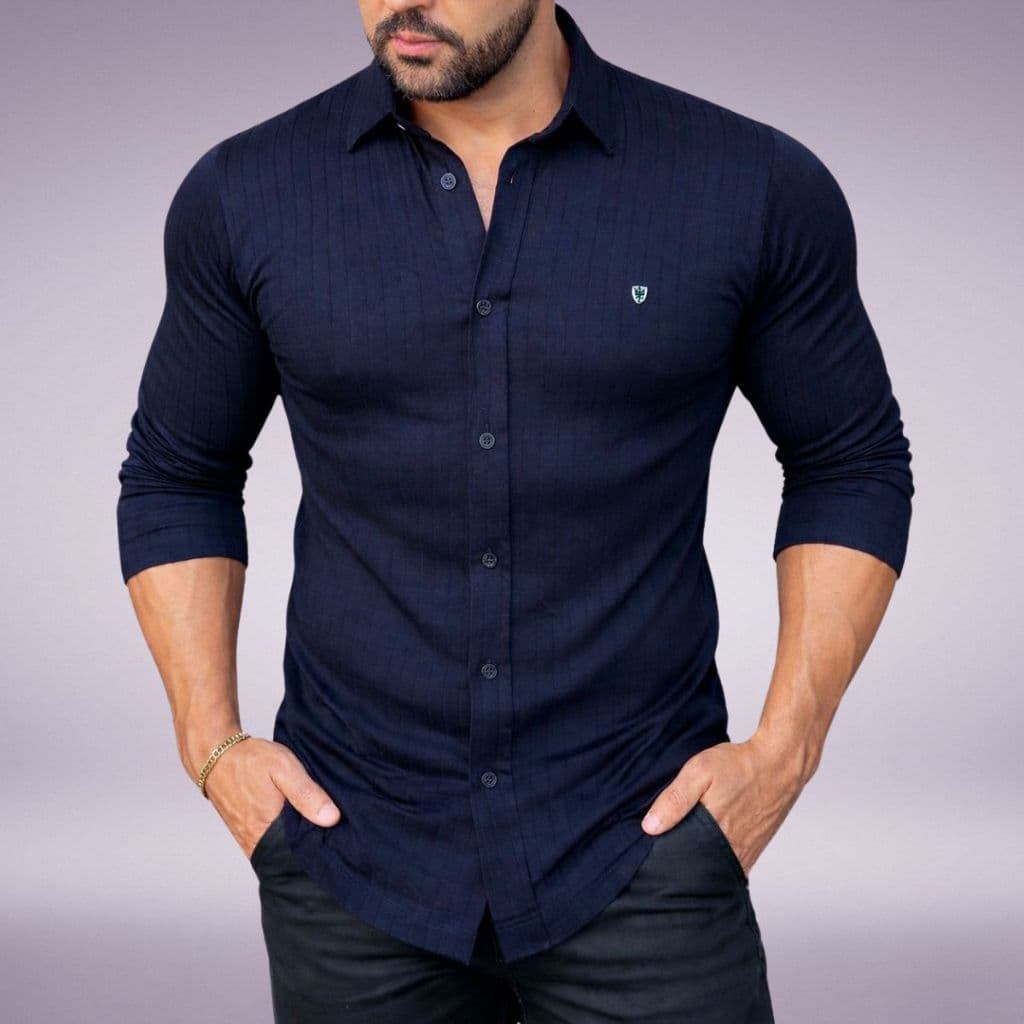Camisa Masculina Social com Botões Slim Manga Longa Comprida Malha Texturizada Elastano Camiseta Blusa Elegante Estilosa