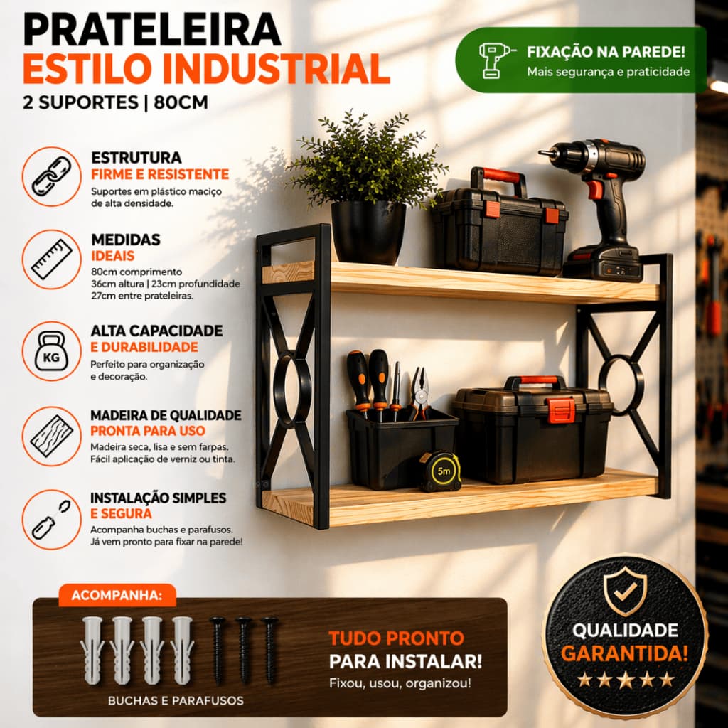 Prateleira Estilo Industrial Parede Multiuso Vários Tamanhos Organizador Decorativo Cozinha Banheiro