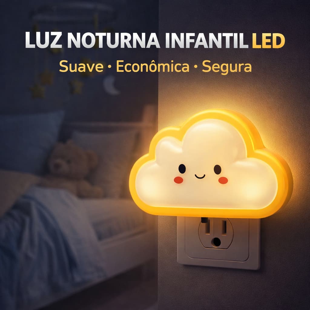 Luz Noturna Infantil LED Nuvem Abajur Tomada Quarto Bebê Criança