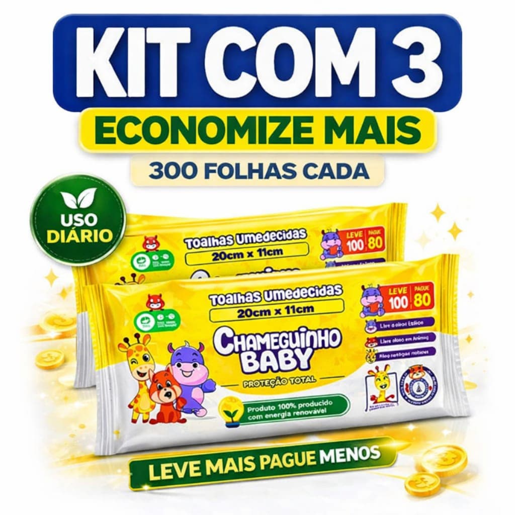 Kit 3 Lenço Umedecido Bebê 300 Folhas Chameguinho Toalha Umedecida Aloe Vera Econômico