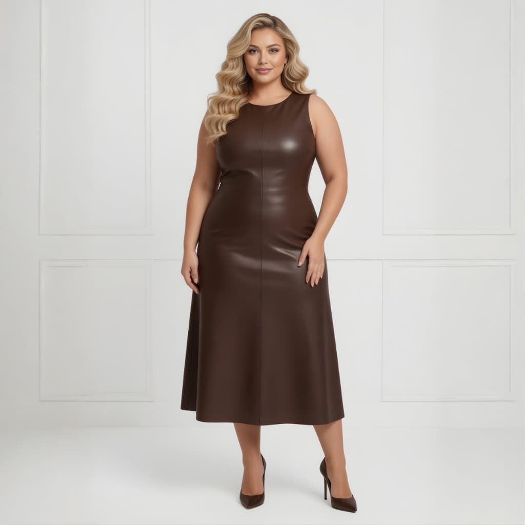 Vestido Feminino Plus Size Midi Longuete Couro Fake Elegante Festa Formatura Casamento