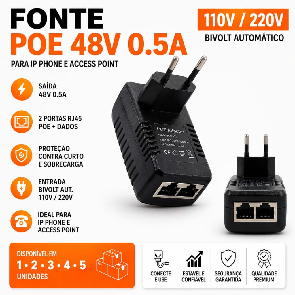 Fonte Poe 48v 0.5a 110/220v  Bivolt RJ45  Câmera IP Kit  Access Point telefone IP  promoção .