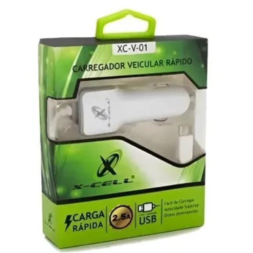 CARREGADOR VEICULAR RÁPIDO COM SAÍDA USB 2.5A E CABO V8 X-CELL