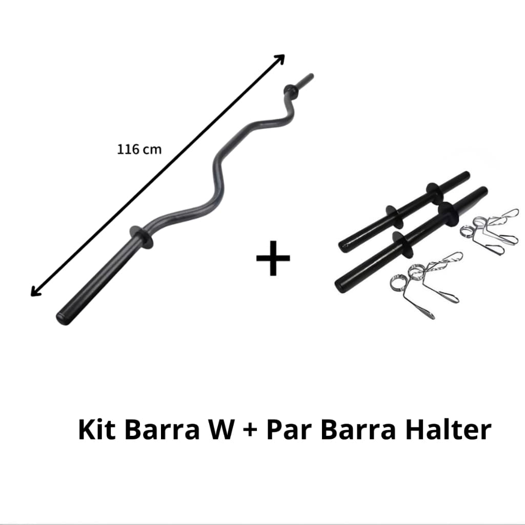 Kit barra W 1,16m + Par de halteres 40 cm com presilhas musculação academia