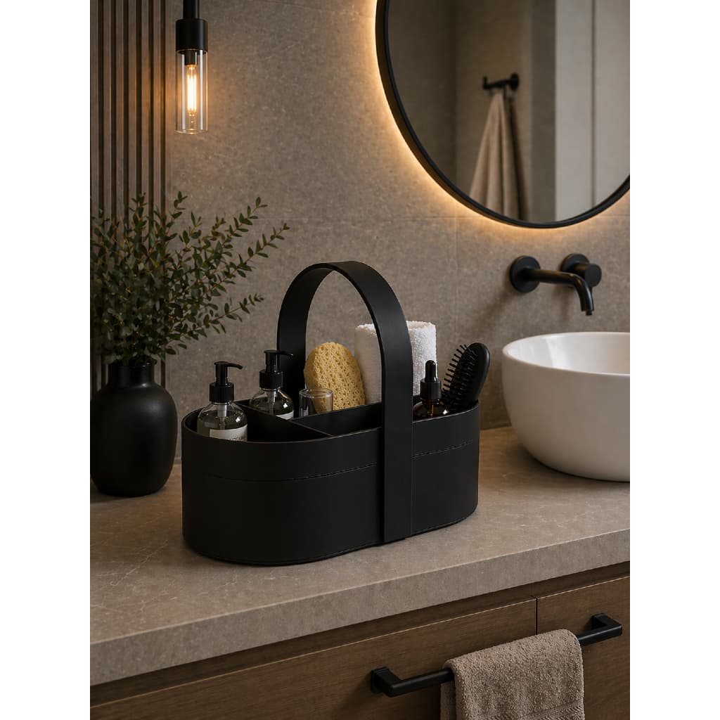 Organizador de Banheiro Premium Preto com Alça | Porta Shampoo Sabonete Toalha Escova | Cesto Multiuso Bancada Luxo