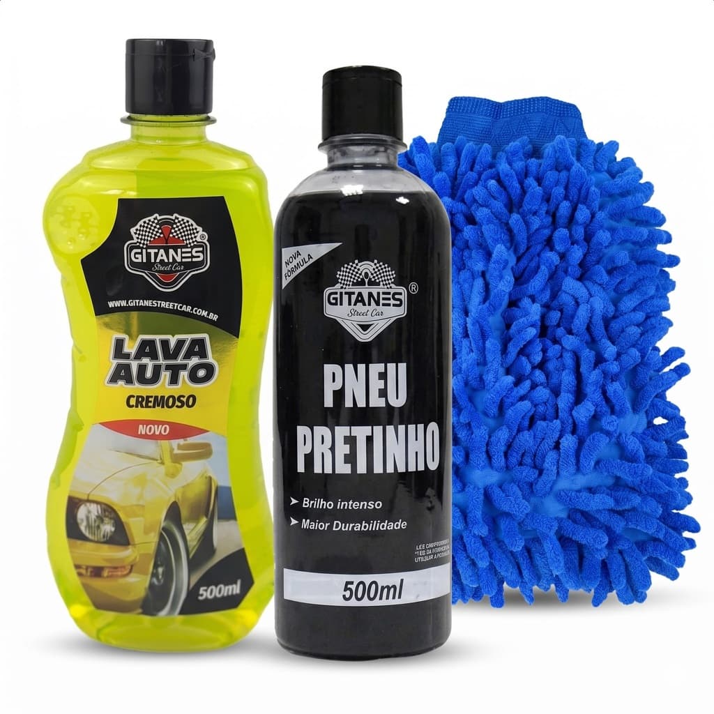 Shampoo Lava Auto 500ml + Pneu Pretinho 500ml + Luva Microfibra Kit Lavagem Automotiva Carro Moto
