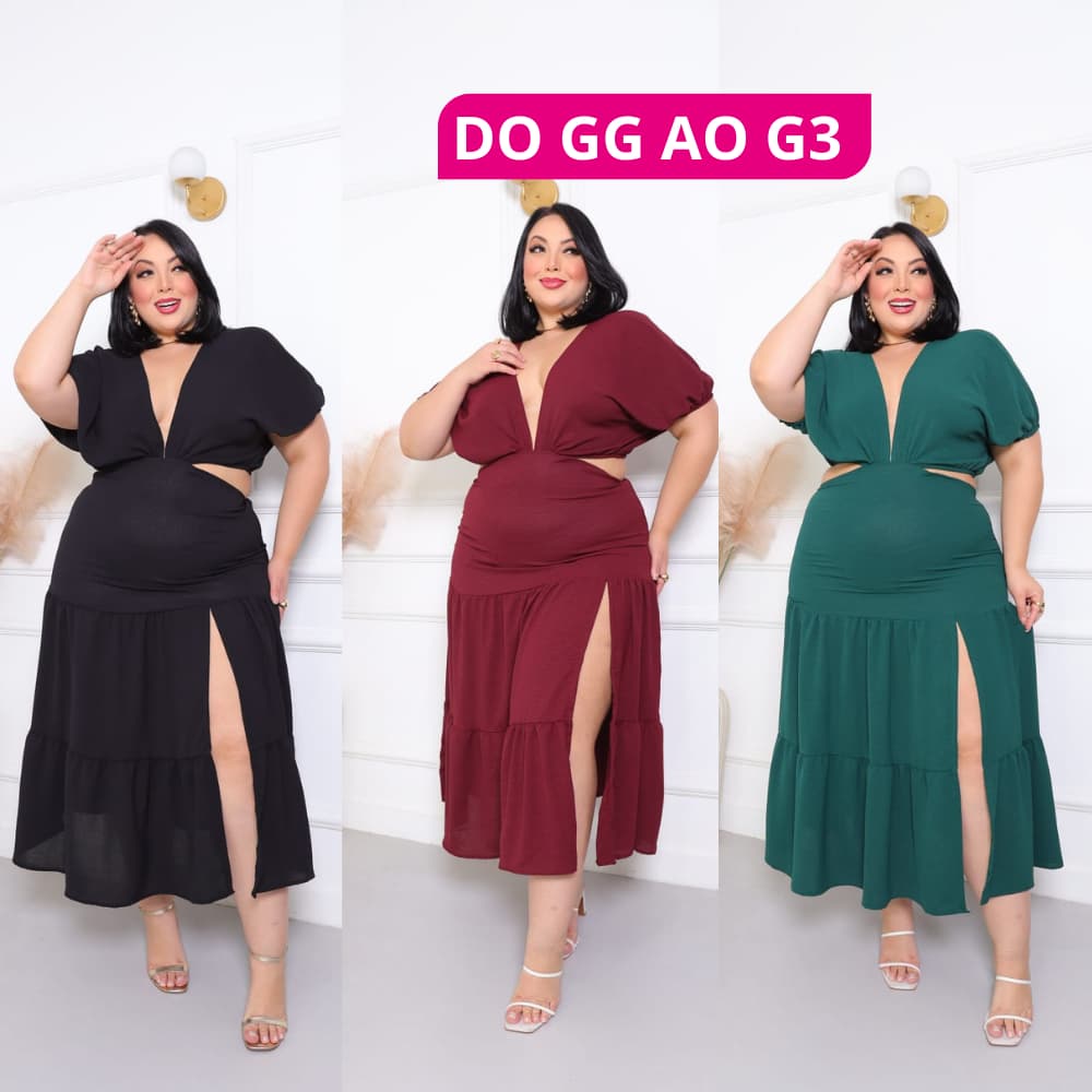 Vestido Plus Size Midi Elegante com Fenda e Decote V Moda Festa Casamento Confortável GG ao G3