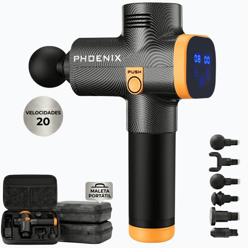 Pistola Massageadora Phoenix para Alívio Muscular Profundo com 30 Velocidades LCD e 6 Ponteiras Inclusas