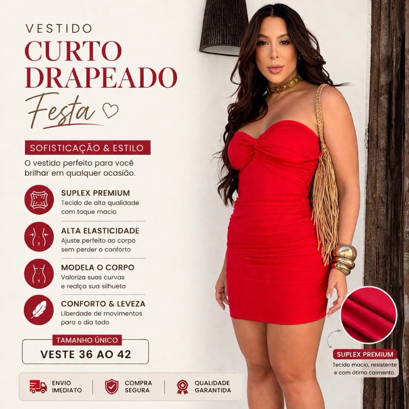Vestido Curto Drapeado Tomara que Caia Festa Balada Premium Encorpado