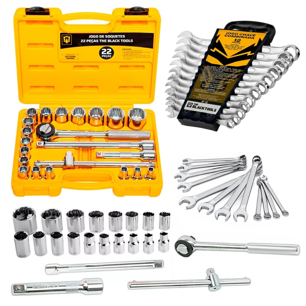 Kit Jogo De Soquete 1/2 Pol Catraca Reversível + Chave Combinada