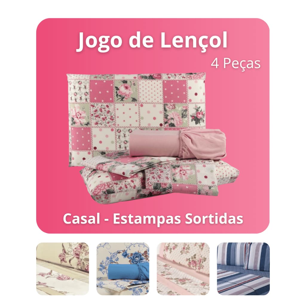 Jogo de Cama Lençol Casal Padrão 4 Peças Estampas Sortidas Delicadas Microfibra