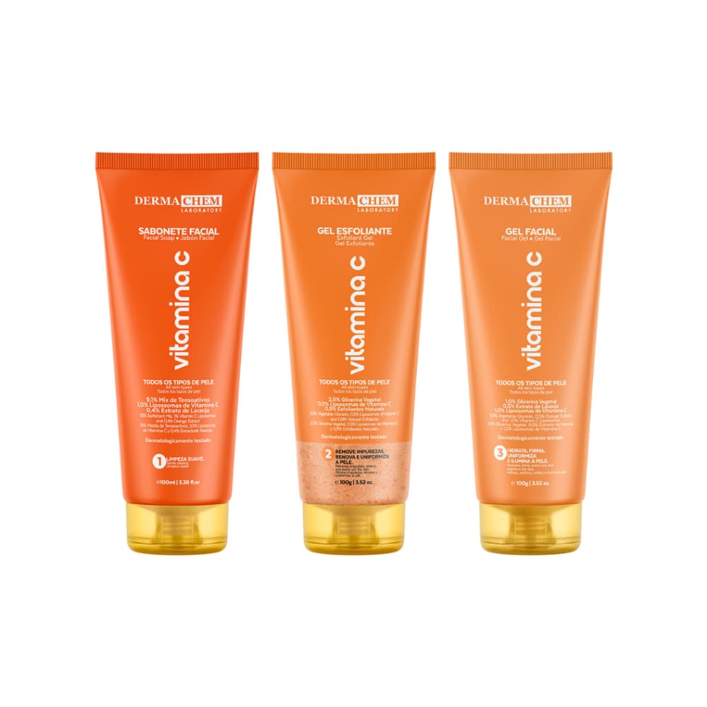 Kit Skincare Vitamina C Anti Idade Clareador Dermachem: Sabonete Facial + Esfoliante +Gel Hidratante