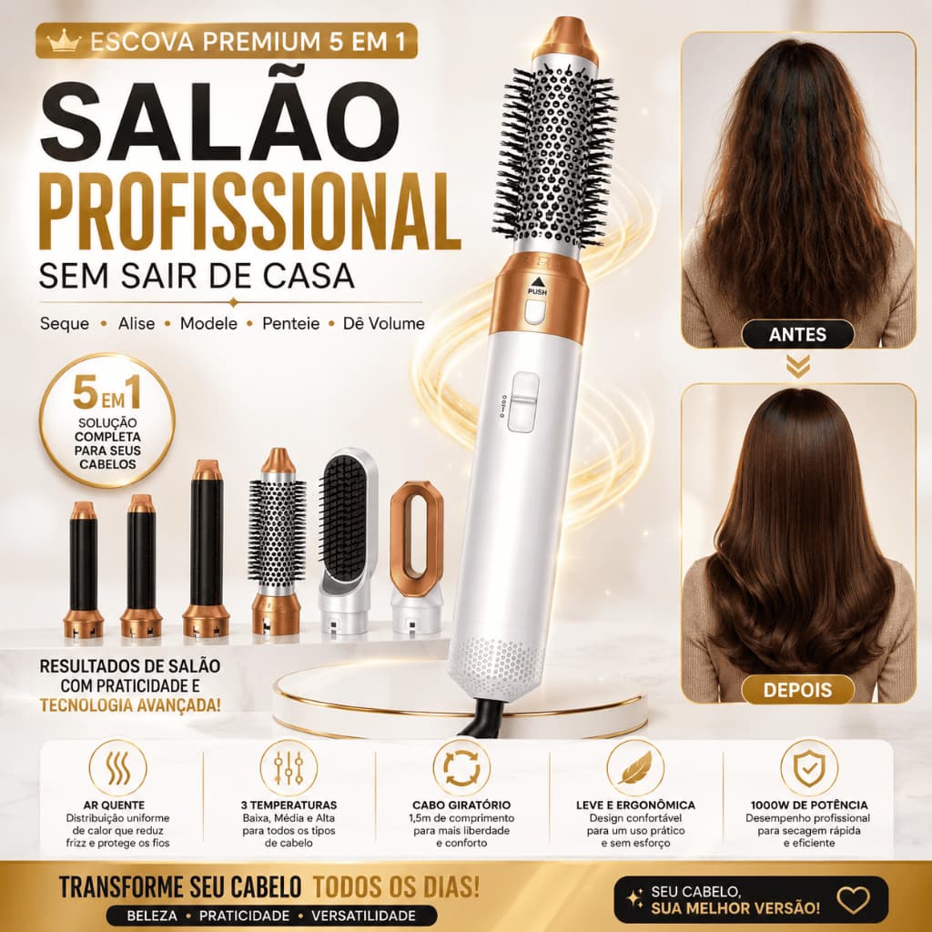 Escova Secadora 5 em 1 Profissional 220V Seca Alisa Modela Penteia Cabelo Branca Dourada