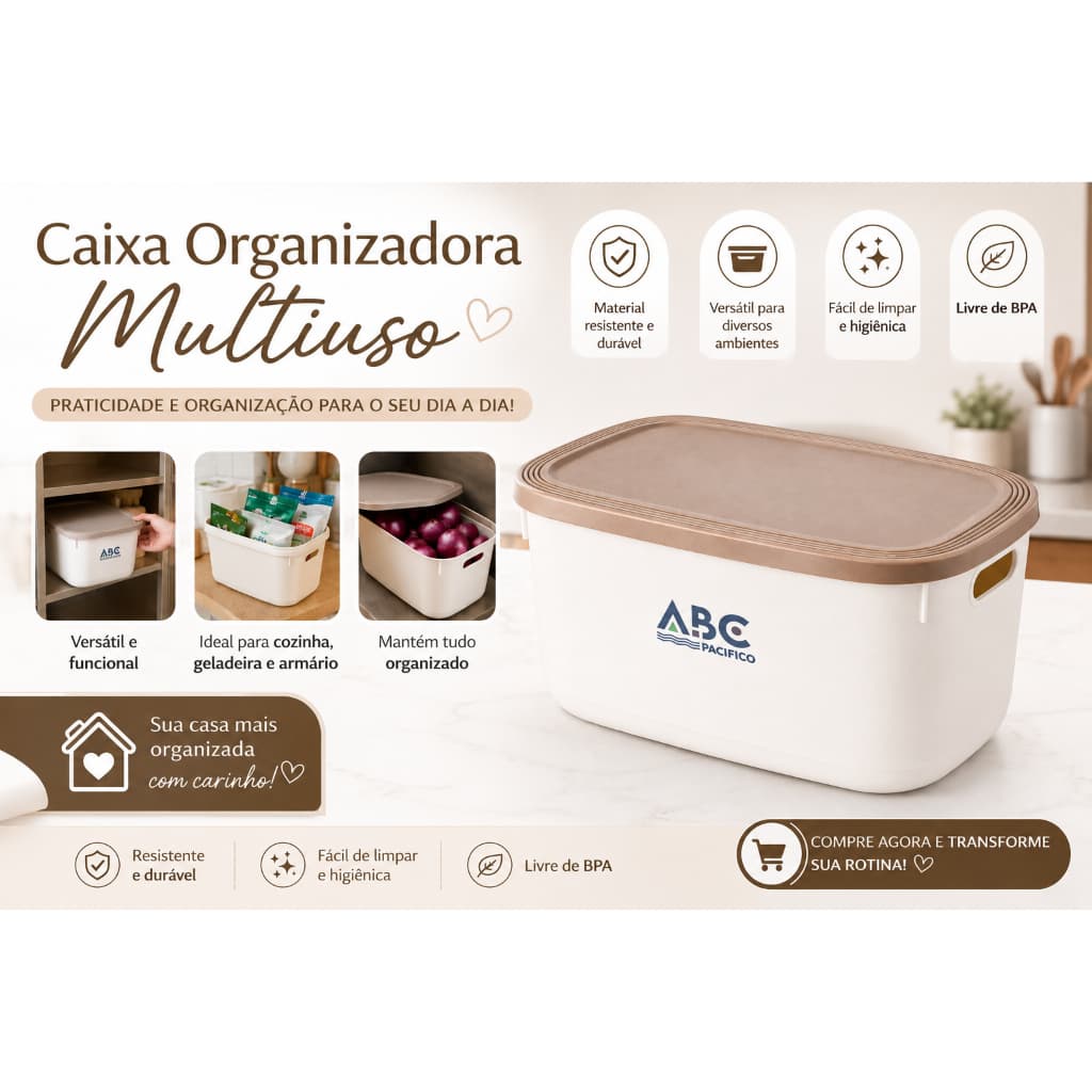 Caixa Organizadora Multiuso Grande com Tampa Para Geladeira, Cozinha e Armário Armazene seus Alimentos