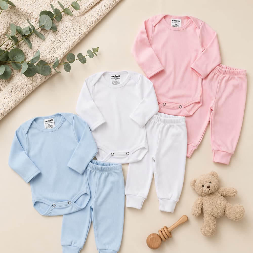 Kit 2 peças Body Bebê e Calça para Enxoval Manga Longa Canelado Premium Algodão Branco Rosa Azul Rn ao G Qualidade