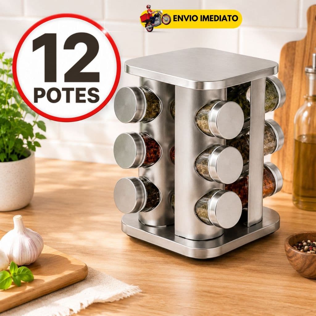 Porta Temperos Giratório Inox 12 Potes Organizador Cozinha Premium Vidro 360º Porta Condimentos
