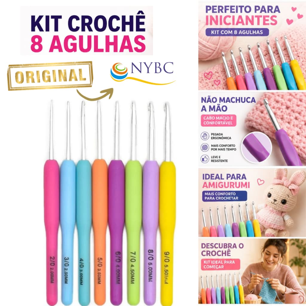 Kit Crochê Completo Para Iniciantes 8 Agulhas Ergonômicas Coloridas NYBC Amigurumi