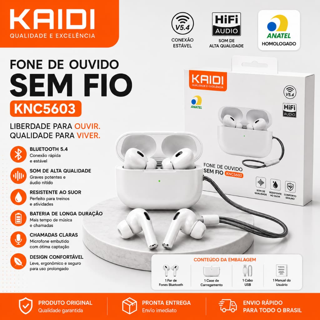 Fone Bluetooth Kaidi KNC5603 Sem Fio Bluetooth 5.4 HiFi Áudio Premium
