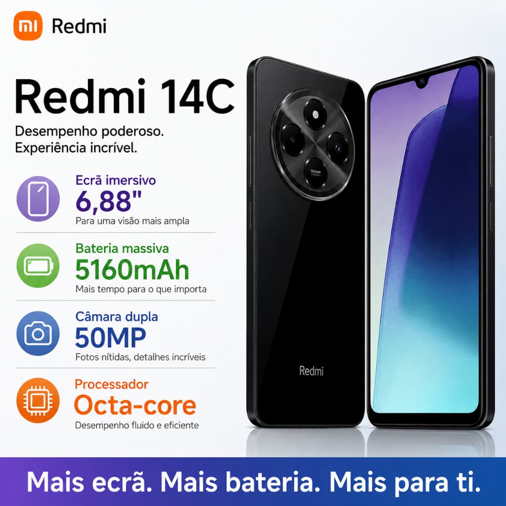 Xiaomi Redmi 14C 128GB 4GB RAM Dual Sim Tela 6,88 Polegadas Câmera 50MP Smartphone Original Preto