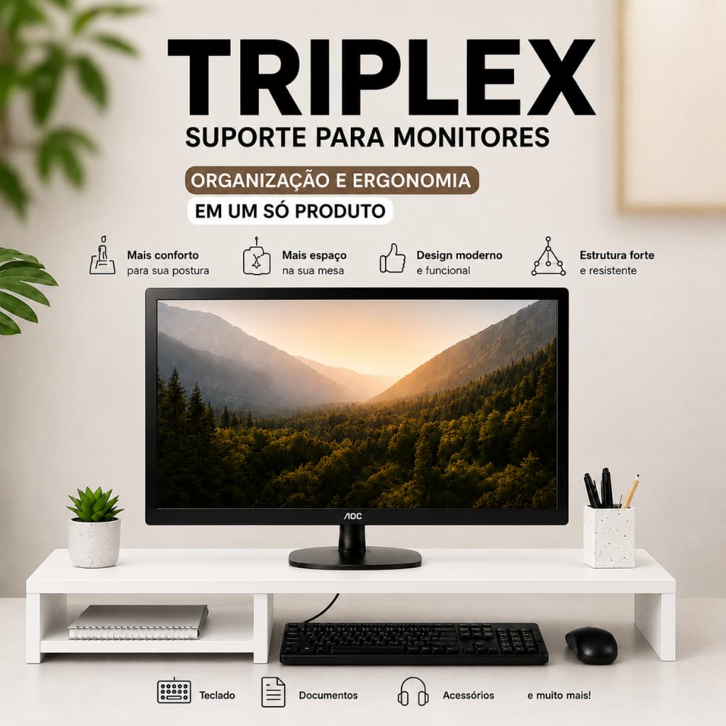 Suporte Para Monitor Branco Triplex Organizador De Mesa Home Office Gamer Ergonomico 100x20