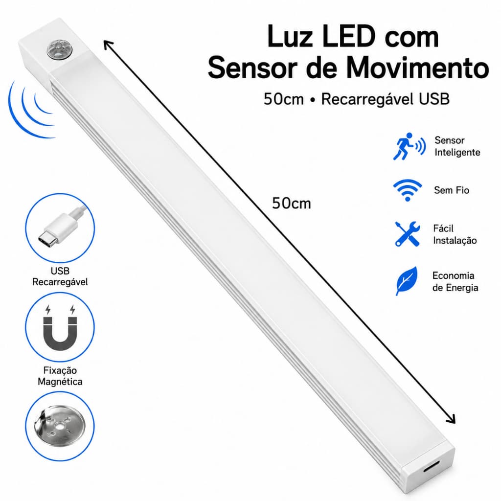Smart Luminária Inteligente Ultra LED com sensor de movimento sem fio e Recarregável USB fino barra 50cm