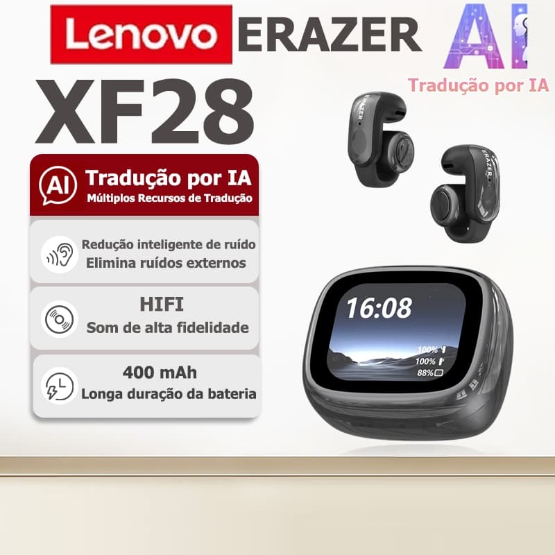 1 ano de garantia Fone Bluetooth Lenovo ERAZER XF28 AI com tradução inteligente Bluetooth 5.4, tela de alta definição, c