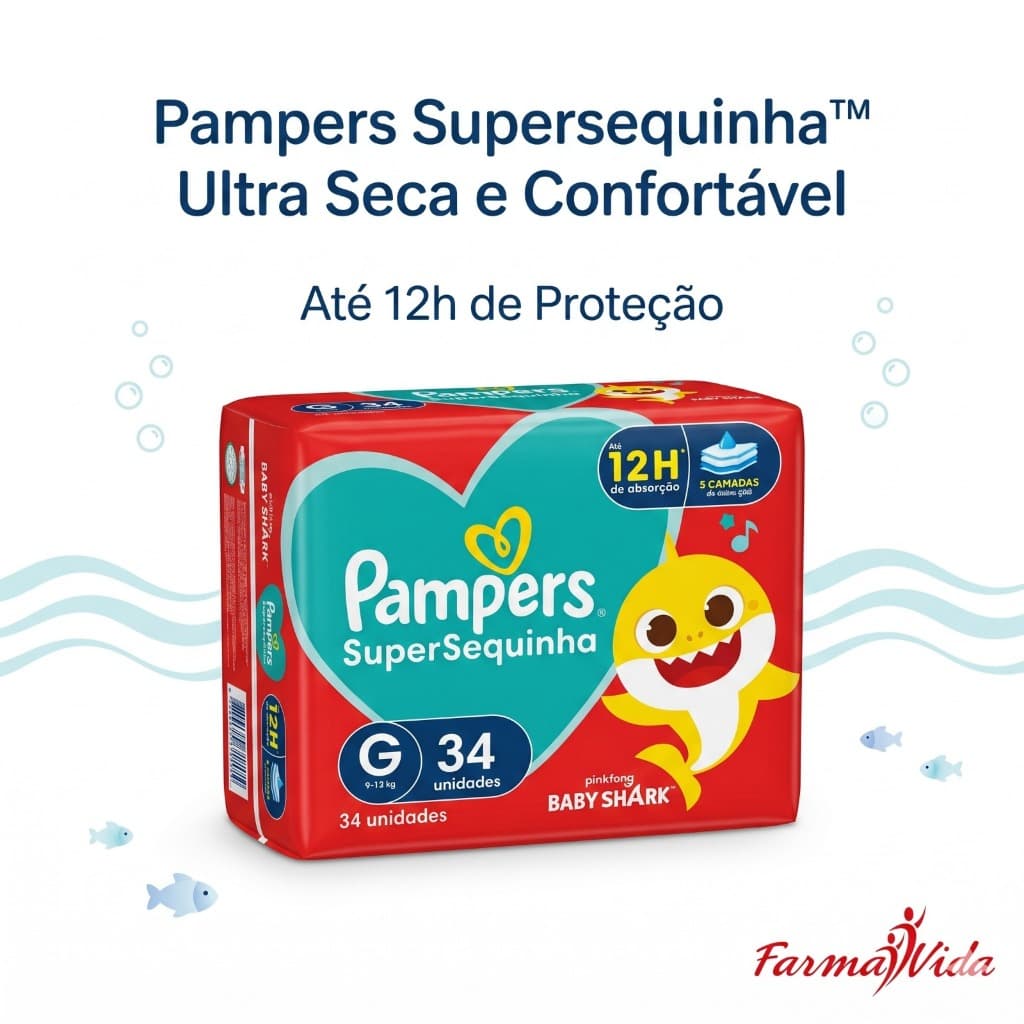 Fralda Pampers Supersequinha Baby Shark | Até 12h Proteção