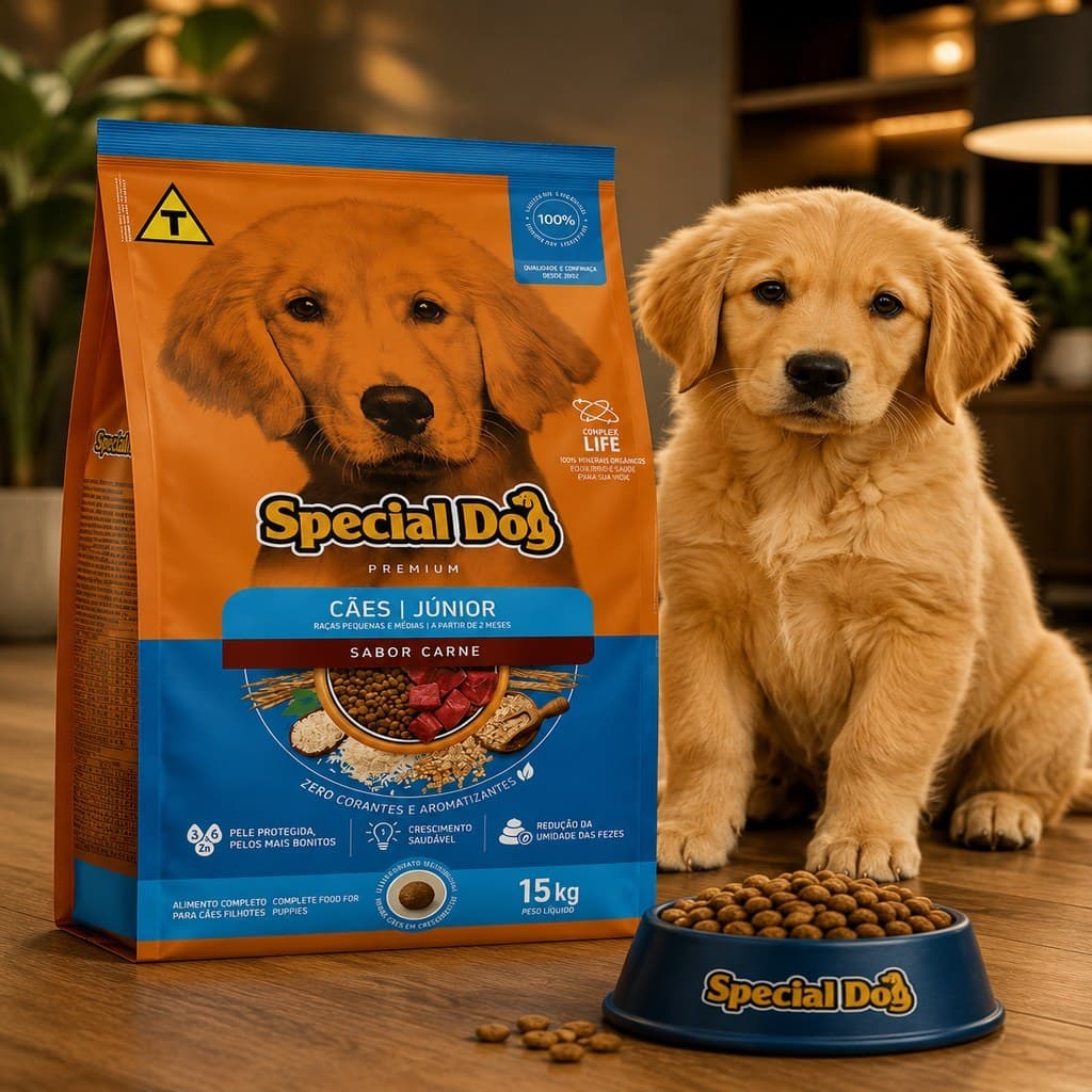 Racao Para Caes/Cachorro 15kg Special Dog Junior/Filhote Sabor Carne 26% Proteína