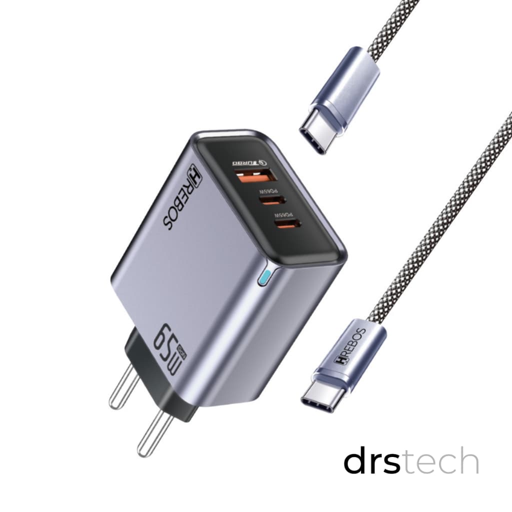 Carregador Rápido HREBOS 65W GaN FusionCharge CRG-239CC/Lightning Notebook Celular