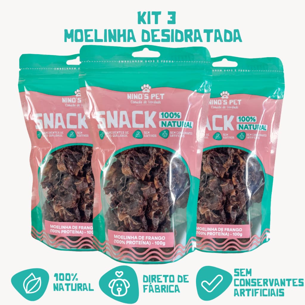 Kit 3 Moelinhas Desidratadas Tamanho Família 100g Petisco Natural para Cães Snack Saudável Ninos Pet