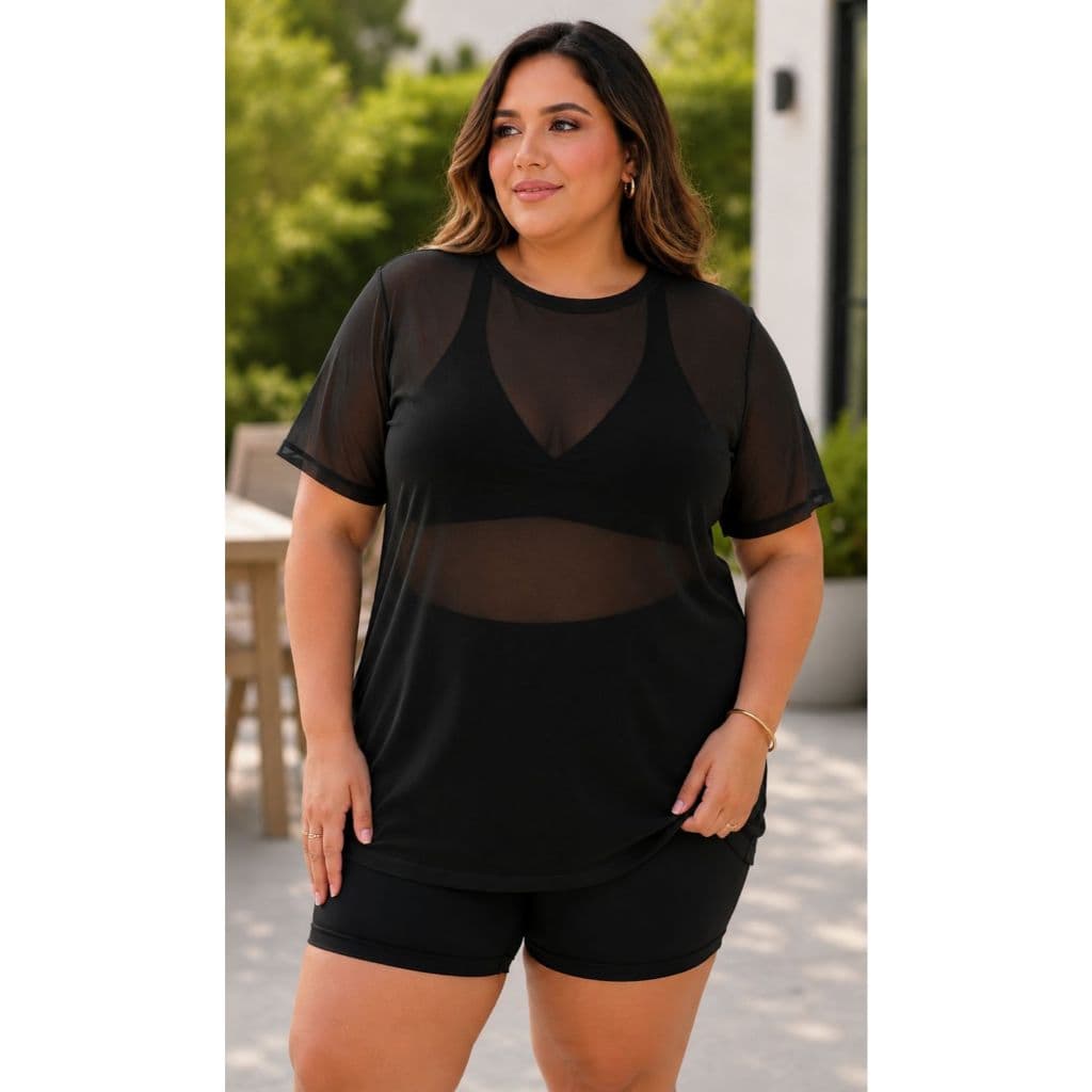 Blusa Plus Size Feminina de Tule com Manga Transparênte Roupa Academia Moda Fitness