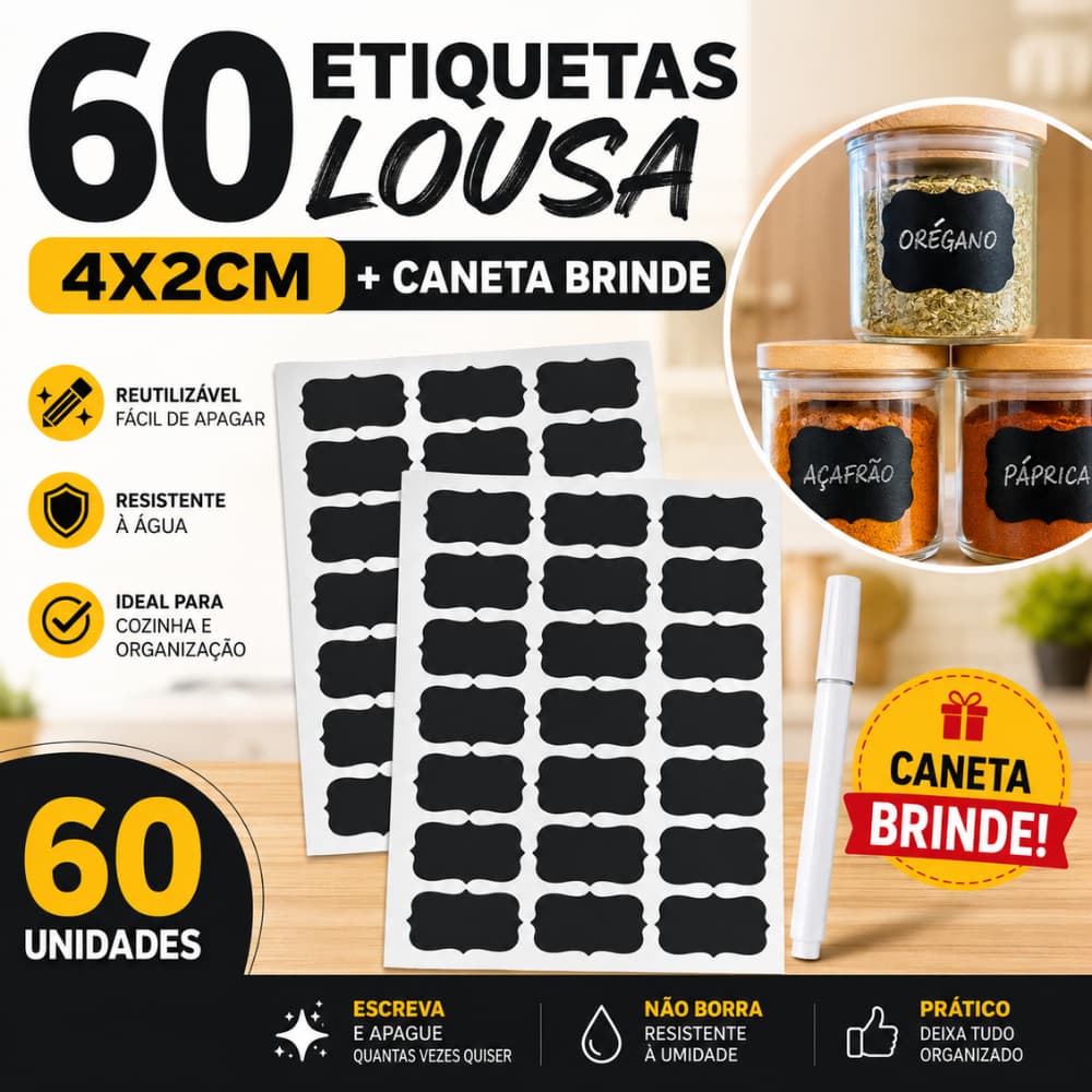 KIT 60 Etiquetas Lousa  Adesivas Preta+Caneta Giz Liquido Branca Tempero Limpeza  Potes Organizador