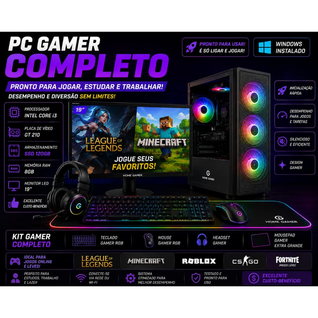 PC Gamer Completo i3 GT 210 SSD 120GB 8GB RAM Monitor 19 Kit Gamer Windows