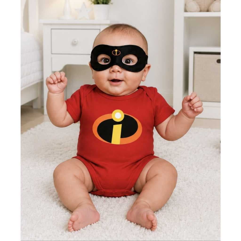 Body Bebe Temático Os Incríveis Bebê Incrivel  Body + Mascara fantasia Mesversario Menino Menina
