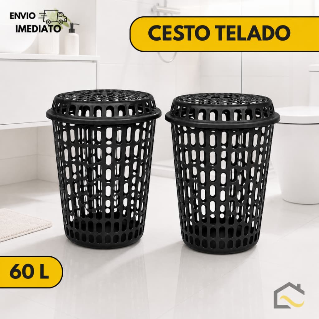 Kit 2 Unid - Cesto Telado Organizador 60 Litros com Tampa – Multiuso para Roupas, Banheiro e Lavanderia
